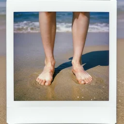 salmon with beautiful legs on the beach, hyperrealistic, polaroid photo