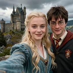 miranda otto as eowyn, posing for a selfie with harry potter, in front of a castle on a mountain