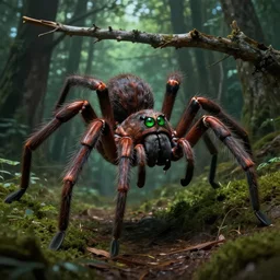 You are walking through a dark forest, when you hear a branch snap behind you. You turn around to see a giant, hairy spider crawling towards you. It's eyes are bright green and its sharp fangs are dripping with venom. You try to run, but the spider is too fast. It jumps on you, highly detailed, digital painting, HDRI, by christopher bretz and kael ngu, vivid colors, high contrast, 8k resolution, intricate, photorealistic, smooth