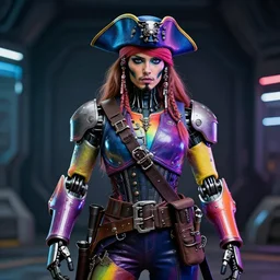 a portrait photo of a futuristic sci - fi pirate, rainbow themed, robot pirate