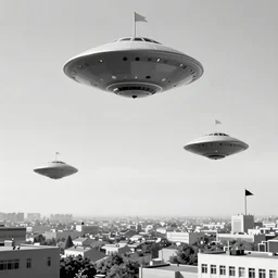 ufos flying mysterious flags over a small city, low angle, stylized, sparse detail, by mati klarwein and moebius
