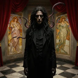 extremely detailed realistic movie shot closeup portrait of a dark bizarre figure standing in the corner of a checkerboard checkerboard room by denis villenueve, arnold bocklin, lovecraft, amano, alphonse mucha, franz von stuck, david lynch, tentacles, dynamic composition, crimson drapes, 4 k details octane render