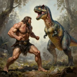 a realistic muscular neanderthal man fighting dinosaur, painting