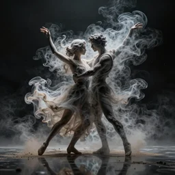 Realistic render of an intricate and detailed dance duet made of smoke by Zdzisław Beksiński, floating in space,dream,reflections, dusty and smokey, 8k, ethereal, hyperrealism