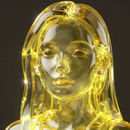 “3d render high detail transparent woman’s face made of bright yellow glass, see through opaque, blender portrait”