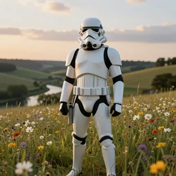 realistic stormtrooper in a field. france, dordogne, hills, ultra high,, detail, 8 k, sunset, flowers, trees, river, hills, octane render.
