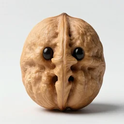 a large walnut with two eyes and a mouth looks with condemnation