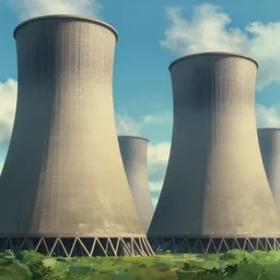 a wholesome animation key shot of a futuristic science fiction nuclear cooling tower, highly detailed, realistic, loops, ellipse by studio ghibli, animation, sharp, rendered in unreal engine 5, focused, anime key art by greg rutkowski, dramatic lighting