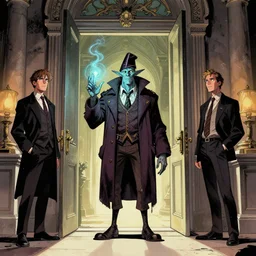 avuncular timelord dr. uncle ruckus telepathic space entity wearing a smoking jacket and fez stands at the doorway of his palatial mansion giorgio chirico jamie wyeth greg rutkowski tombow