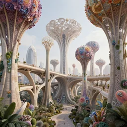 beautiful scifi futuristic biophilic city architectural landscape colorful, arches, cellular bridges, stone columns, rhizomorph finials spires, brackets, fractal puffballs, vincent callebaut, iris van herpin, elegant lace haute couture broad embroidered cone trees, porcelain magnolia fluid nebula, soldier lichen, soft light, unreal engine, 8 k