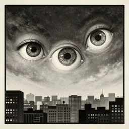 a drawing of three realistic eyes floating in the sky over a city, black and white, vintage poster, film grain
