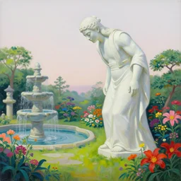 titanic ancient god statue bending over a pagan japanese garden by beksinski, focus on the garden with flowers and pagan fountains, very cohesive and vibrant, serenity, hyperminimalist, 8 k, surreal oil painting, highly detailed, dream like, masterpiece