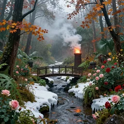 autumn inside the mars dome, ornate, beautiful, atmosphere, vibe, mist, smoke, fire, chimney, rain, wet, pristine, puddles, melting, dripping, snow, creek, lush, ice, bridge, green, forest, roses, flowers, by stanley artgerm lau, greg rutkowski, thomas kindkade, alphonse mucha, loish, norman rockwell