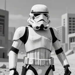 closeup of dirty grimy stormtrooper in a desert city action pose, interior design. clear photo by keith parkinson, walter simonson, syd mead, frank miller, b & w ultra detailed digital art