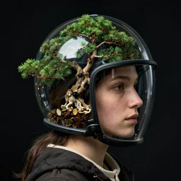 a woman's face in profile, wearing a glass helmet made of bonsai, in the style of the dutch masters and gregory crewdson, dark and moody
