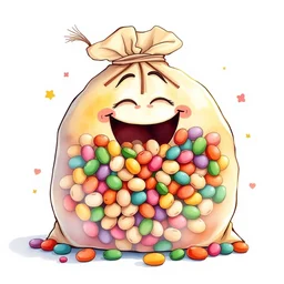a colorful watercolor illustration of a huge bag of beans laughing