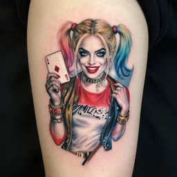 tattoo design of margot robbie as harley quinn with a sexy look, holding ace card, abstract edges, in the style of den yakovlev, realistic face, black and white, realism tattoo, hyper realistic, highly detailed