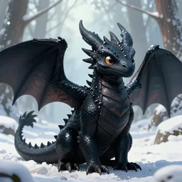 handsome cute black dragon in snowy forest, dnd character, background focus, fantasy, magic, realistic textured skin, hawk feather, hawk wings, lizard legs, lizard pose, big eyes, clear clean, by lya kushinov, Avetetsuya Studios, Alexandra Fomina artstation, by Makoto Shinkai, digital 2D, matte painting