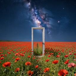 concept art of poppy field with doorway in middle. view through doorway is milky way