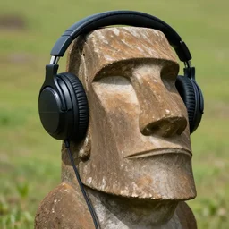 a high detail photo of a moai wearing headphones, subject: moai, subject detail: wearing headphones