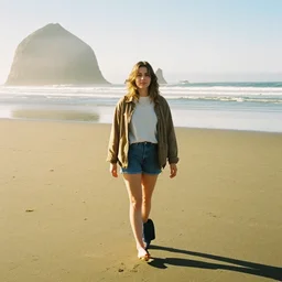 a film photo young 20s something woman walking on beach in Oregon, Kodak gold 200 film, trending on instagram