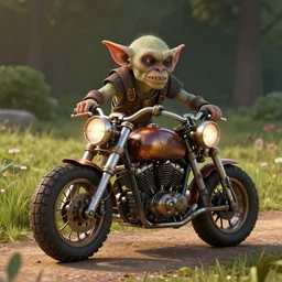 A goblin riding a steampunk motorcycle on a dirt road in a meadow, volumetric light, studio lighting, hyperdetailed, artstation, cgsociety, 8k