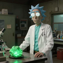 portrait photo still of real life rick sanchez, white labcoat, science laboratory in filthy garage, glowing green rock on table, 8 k, 8 5 mm f 1. 8