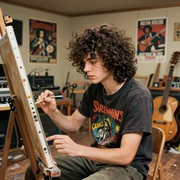 pretty punk rock young man mid 20s clean shaven with messy very long curly dark brown hair and a band tee painting in a vintage 80s artist studio interior, old wood floors, musical instruments and band posters, messy maximalist interior, warm, painting by Craig Mullins, octane rendering, soft morning lighting, wide angle lens, low view, in the style of Hayao Miyazaki, trending on artstation,