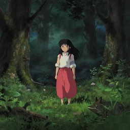 a princess mononoke photograph in the woods at night, overgrown grass, dramatic, animals, gloomy, volumetric light, ground mist, featured on art station