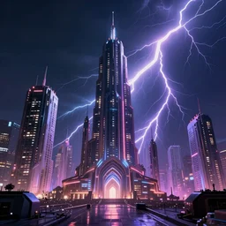 space city, neon lightning, movie still, cinematic lightning, octane render, splash art, dystopian