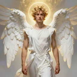 portrait of a beautiful young fit male angel with curly blond hairs, dressed with fluent clothes, majestic symmetrical white wings, luminous halo, by greg rutkowski and alphonse mucha, gradient white to gold, in front of an iridescent background, highly detailed portrait, digital painting, artstation, concept art, smooth, sharp focus ilustration, artstation hq