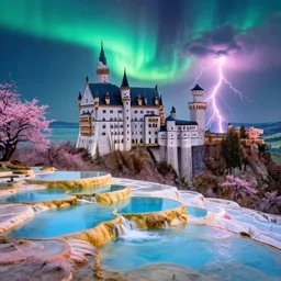 neuschwanstein castle on pamukkale thermal waters flowing down gold travertine terraces in royal blue antelope canyon during sakura season on an interstellar aurora borealis with heavy thunder and lightning, pink and pink waterfalls, by peter mohrbacher, james jean, james gilleard, greg rutkowski, vincent di fate, rule of thirds, octane render, beautiful landscape