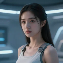 a beautiful portrait photo of a young woman in a futuristic world, 8k video still, cinematic