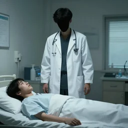 young faceless doctor standing over a patient bed menacingly, digital art, creepypasta, dark