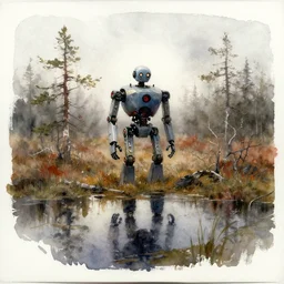 watercolor painting of atat robot in scandinavian bog, reflective, fog, ambient lighting, art by anders zorn, wonderful masterpiece by greg rutkowski, cinematic light, american romanticism by greg manchess, creation by tyler edlin, mockup watercolor sketch with bold brushstrokes, smudged and smeared paint, white border edge, white paper corners