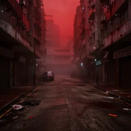dirty, dark, streets of Hong kong, a creepy mist through the streets, blood red colored sky, debris on the floor, cinematic lighting