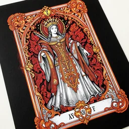 the empress + black paper + elements + red + gold + neon + baroque + rococo + white + orange + ink + tarot card, ornate + by marc simonetti, paul pope, peter mohrbacher, detailed, intricate ink illustration + damask