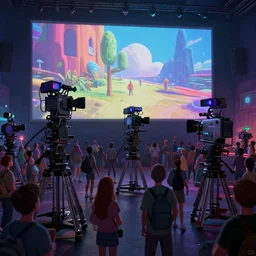 animated film festival, psychadelic cameras and projectors, projection screens, metaverse crowds, 3 d render, in the style of peter mohrbacher