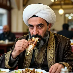 sultan mehmet iv, mid - shot, realistic, detailed facial features, cold lighting, precise, micro details, ottoman eating shawarma in a restaurant, photography from vogue magazine, expressive, neat, hyperrealism, photorealistic, hdr shot, wearing big ovular turban and a luxurious ottoman coat, in the style of martin schoeller