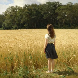 A girl standing in a field, facing the wheat field, with the woods behind her by Thomas Cole