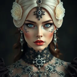 portrait of beautiful female model makeup done by candy makeupartist, perfect symmetrical pose, sharp, by irakli nadar with intricate detailed wearing victorian dress designed by alexander mcqueen and rocky gathercole, haunting, elite, elegant, ruan jia, dark, hyper detailed, concept art, by gustav klimt