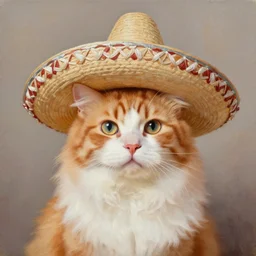 Portrait Oil Painting, Ginger  Maine-Coon with a white fluff wearing a sombrero sombrero