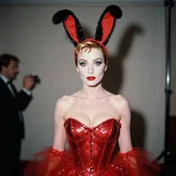 film photography of captain christina hendricks as jessica rabbit, head and shoulders photography. red sequin ballgown dress. kodak ektar 4 0 0. canon f 1. 2.