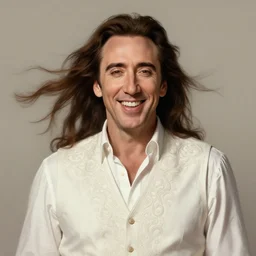 symmetry!! portrait of nicolas cage, long hair in the wind, smile, happy, white vest, intricate, elegant, highly detailed, digital painting, artstation, concept art, smooth, sharp focus, illustration, art by artgerm and greg rutkowski and alphonse mucha
