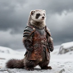 ferret warrior, furry, fantasy, viking, high detailed, photography, cloudy, lightweight leather armour, scandinavia, plain, detailed face, look into the distance, serious face, full body, in full growth, professional photographer, masterpiece, 5 0 mm, extremely detailed, digital art 8 k