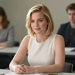 film still of brittany murphy sitting at desk, short blonde hair, beautiful face, wearing shirt, realistic proportions, ink, black and white, illustration, cinematic composition, lineart, clean lines, sean phillips
