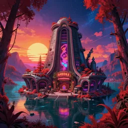 a beautiful very detailed anime illustration of abandoned nature architecture urbex casino by rafael aranda, cosmic sunset synthwave vaporwave anime infrared fisheye neon noir hyperrealism bladerunner 2 0 4 9 lake apocalyptic otherworldly rainforest universe, archdaily, wallpaper, highly detailed, trending on artstation.