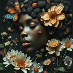 flowers, gorgeous black woman giuseppe arcimboldo and e. a seguy insects dmt cletus kasady optical illusions wild hunt mandelbulb davinci, fantasy, ego death, detailed, intricate, hyperrealism, intense, opulent, vibrant, artgerm and greg rutkowski and alphonse mucha
