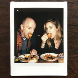polaroid of saul goodman and kim wexler scarfing down food, mukbang, dripping juices, gorging, disgusting