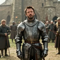 still frame from a movie, wide shot of an relieved ben affleck in a 15th century knight suit, centerframe, medieval background, rule of third, alexa 65, cooke prime 25mm, cinematic, film grain, flare